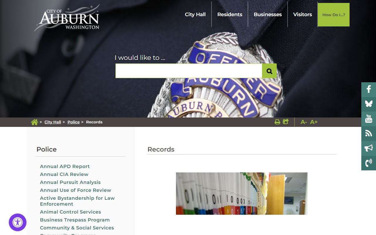 Auburn Police Department records request page for felony and arrest records