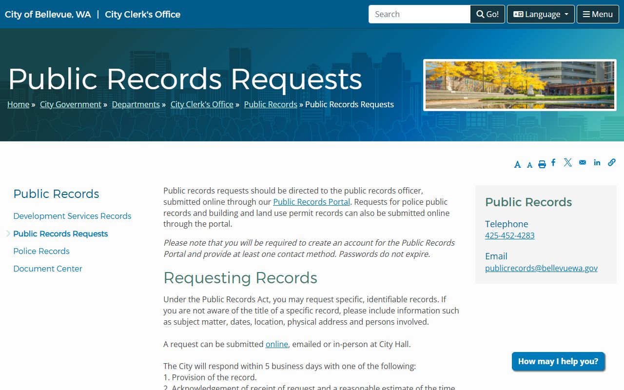 Bellevue City Clerk public records request portal