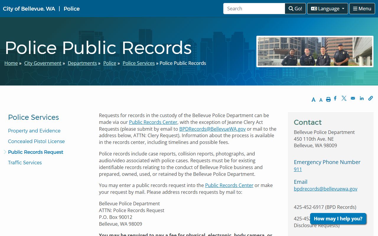 Bellevue Police Department public records page for arrest and incident records