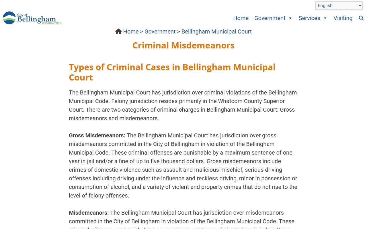 Bellingham Municipal Court criminal page showing misdemeanor court jurisdiction