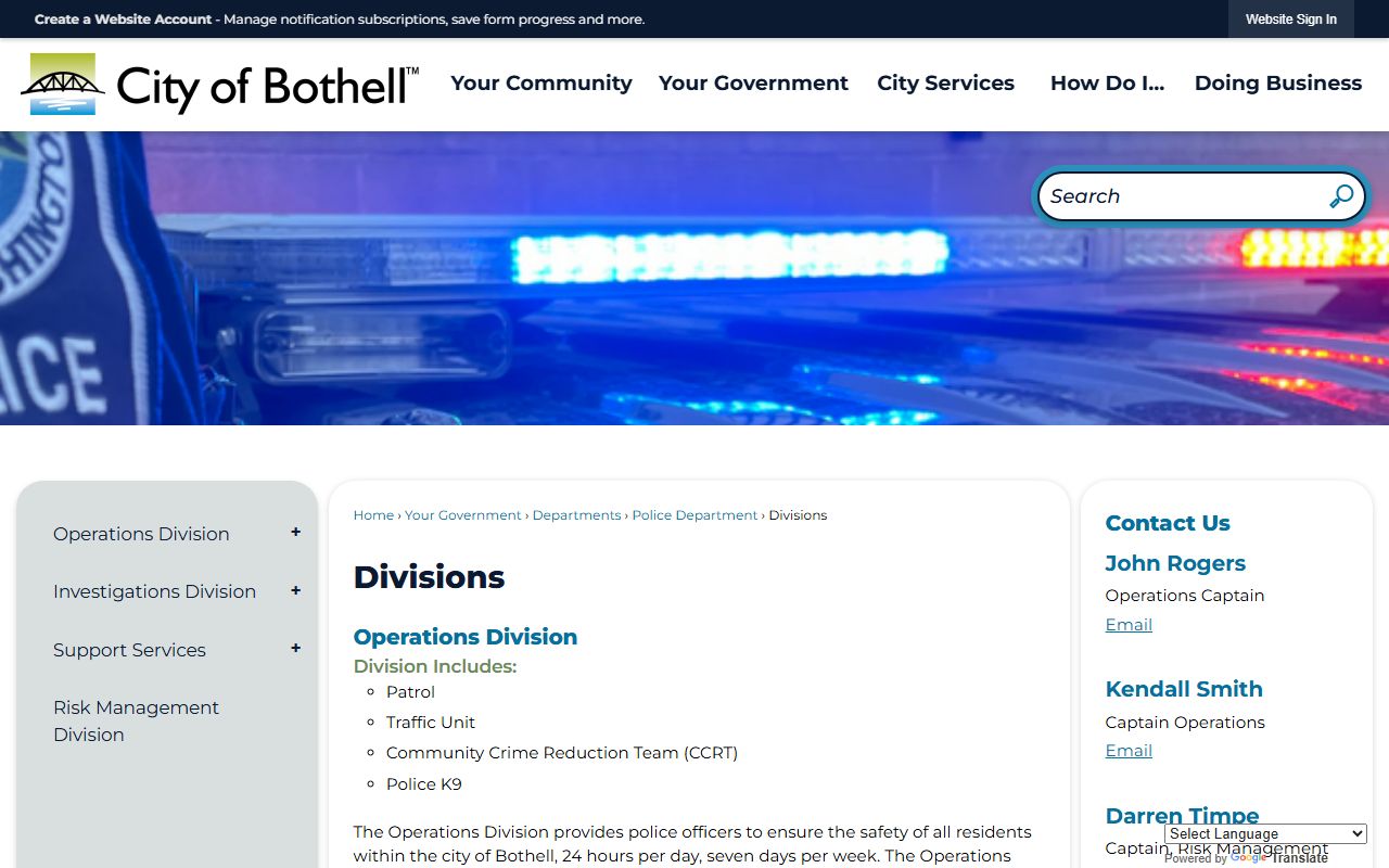 Bothell Police Department divisions page showing the Records Unit for criminal records