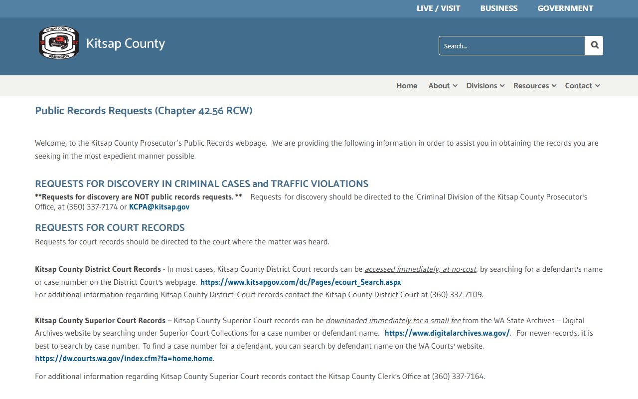 Kitsap County Prosecutor public records request page for Bremerton criminal case records