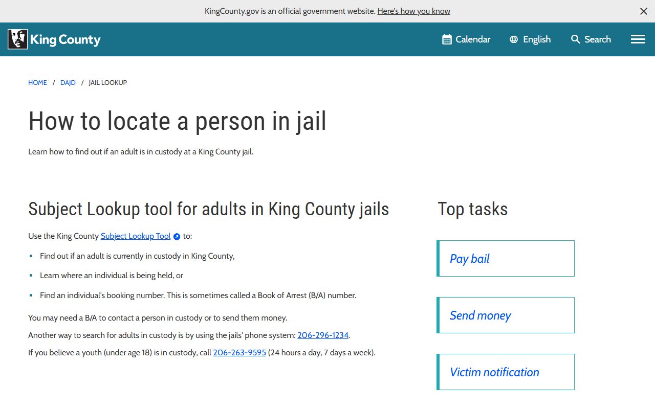 King County jail locator tool for finding people in custody including Burien arrests