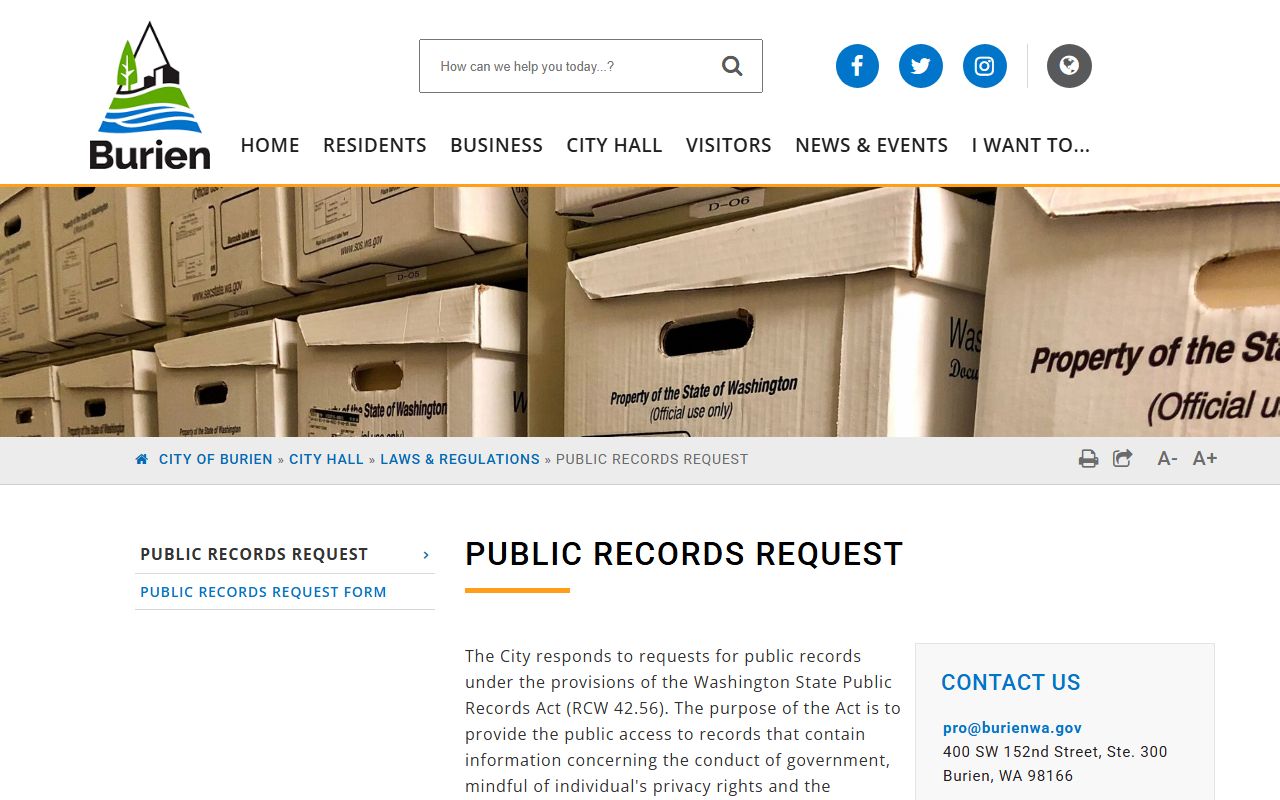 Burien city public records request page for government documents