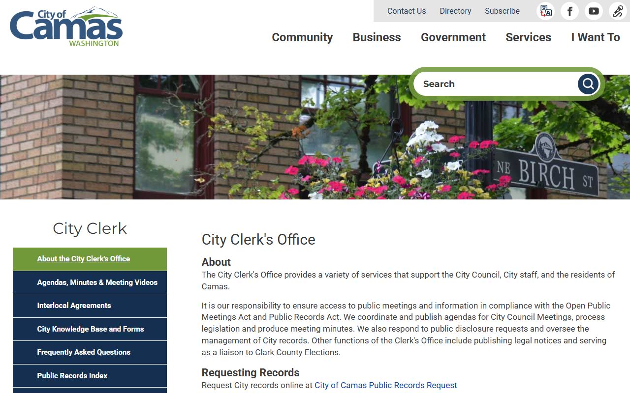 Camas City Clerk office page for public records requests