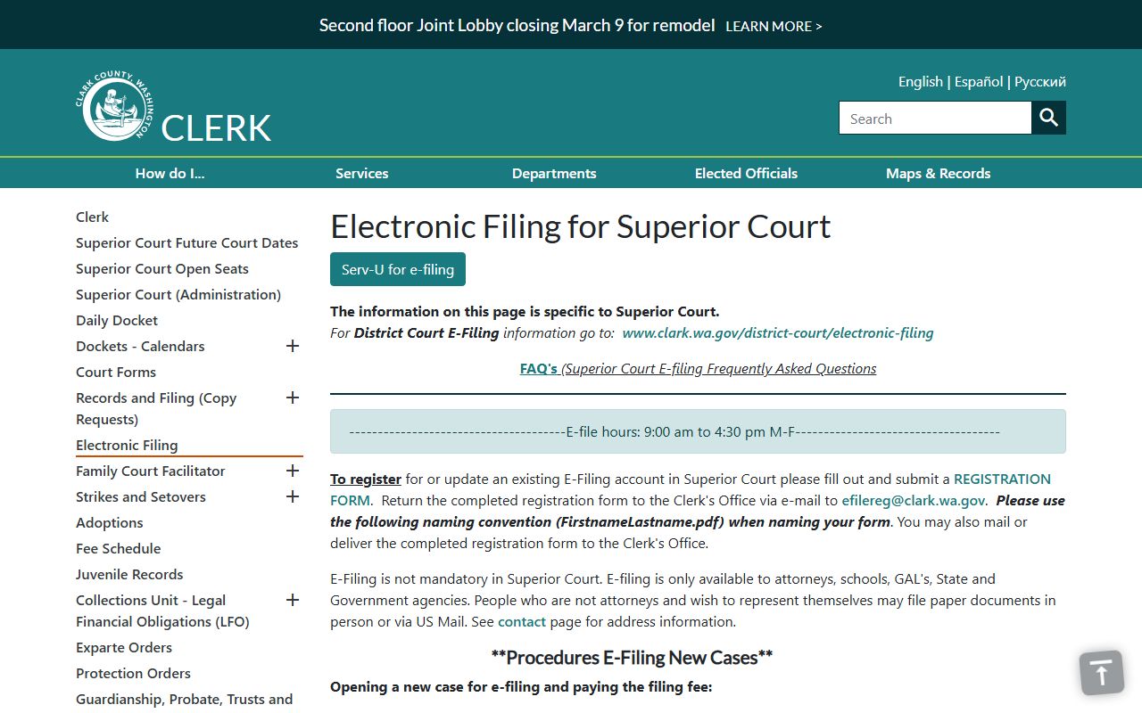 Clark County electronic filing system page connected to Camas felony case records