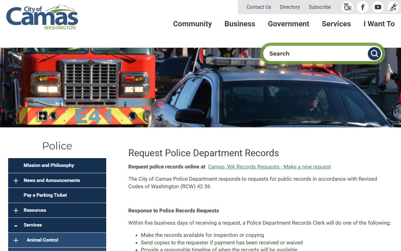 Camas Police Department records request page for arrest and incident reports