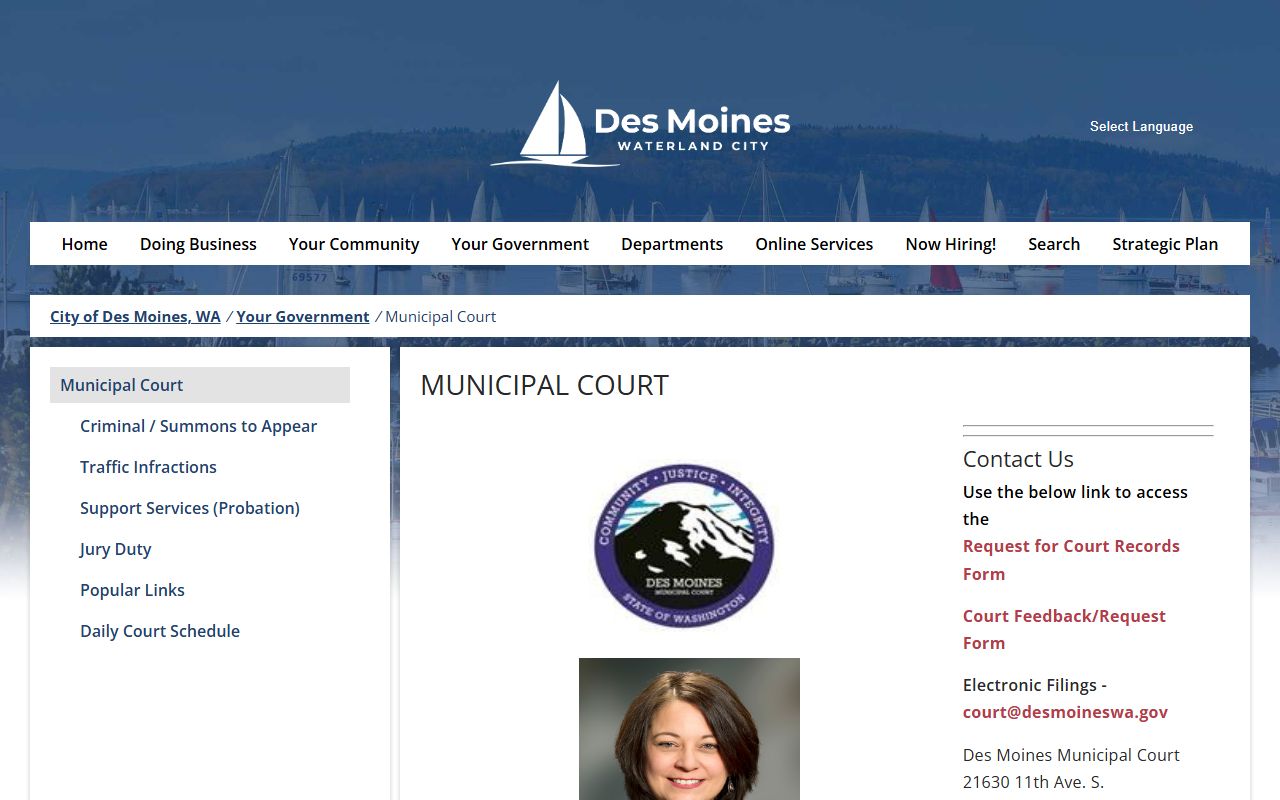 Des Moines Municipal Court page showing jurisdiction over misdemeanor cases in the city
