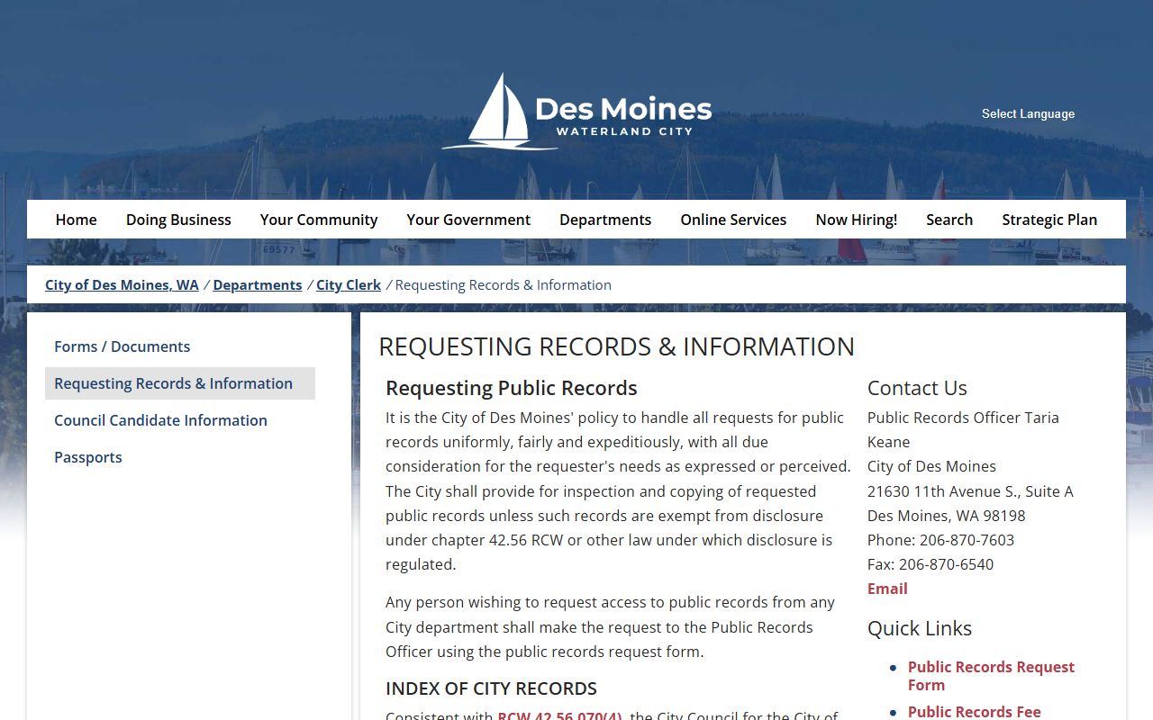 Des Moines city public records request page for obtaining city government documents