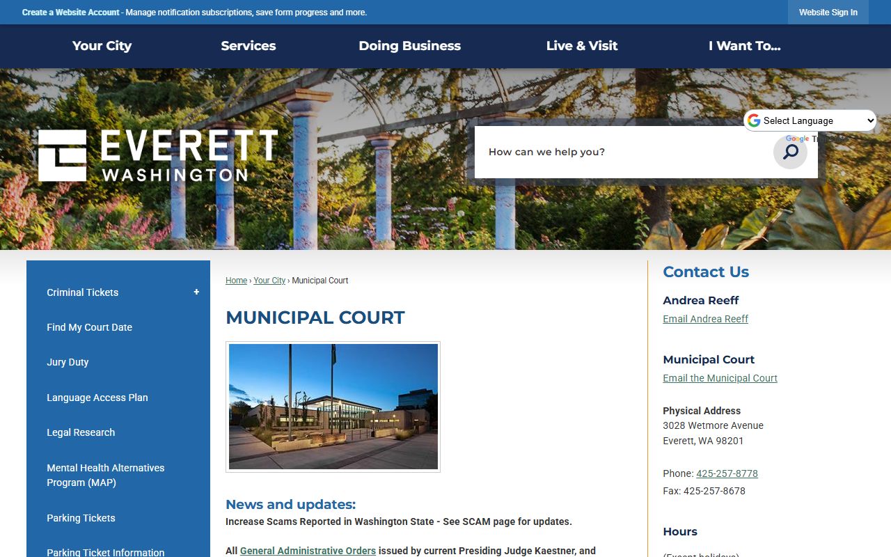 Everett Municipal Court page showing court services for misdemeanor and ordinance cases