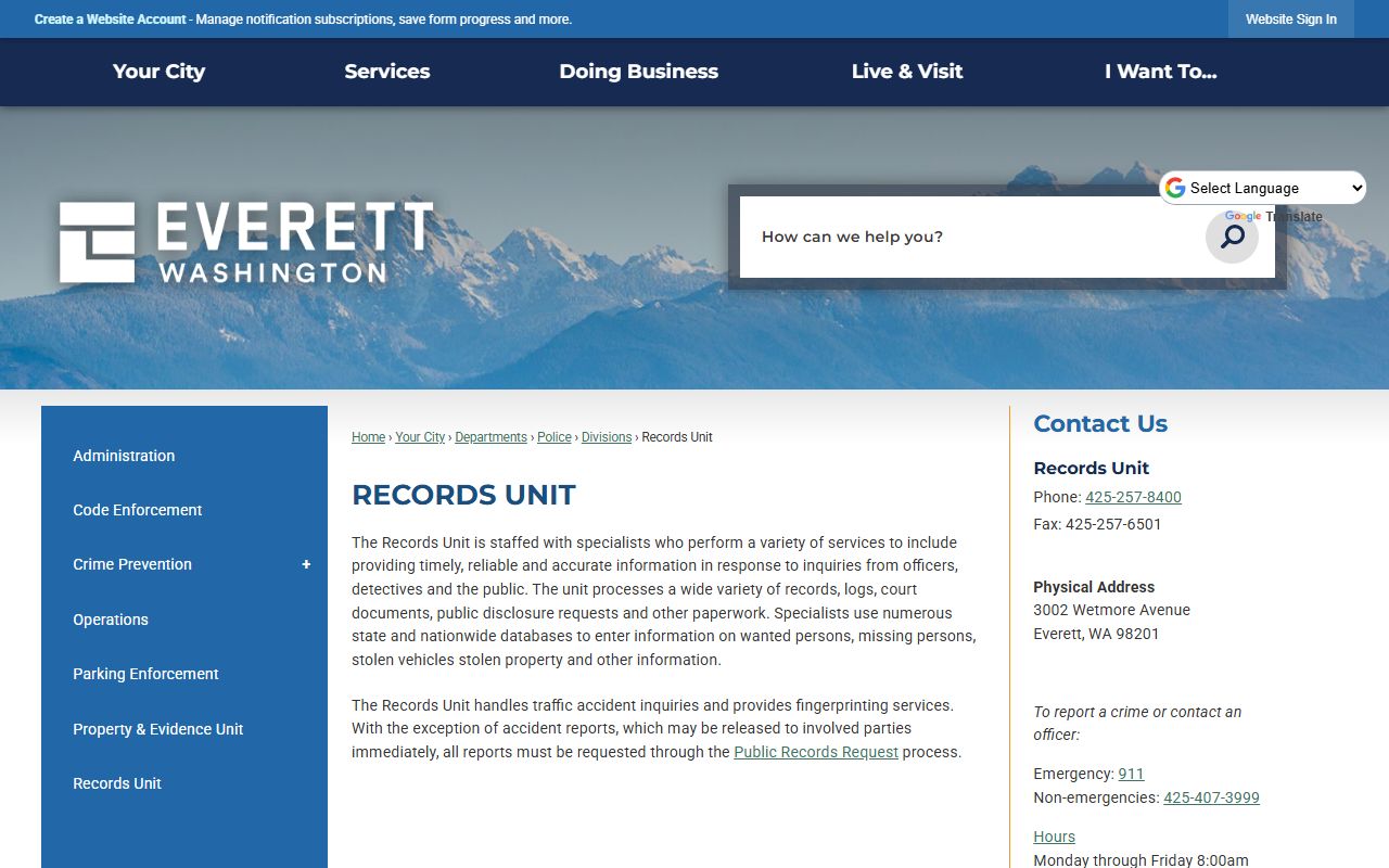 Everett Police Department Records Unit page for incident reports and arrest records