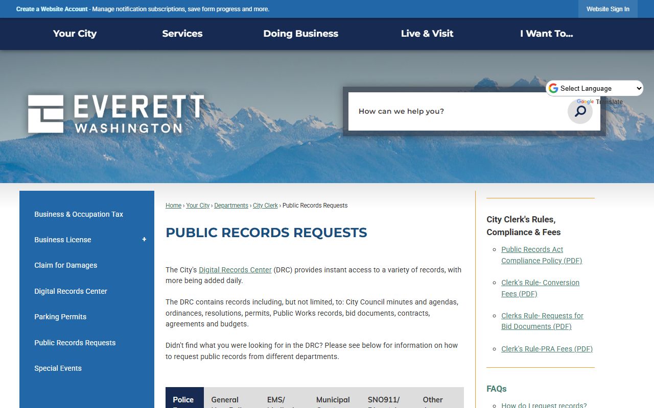 Everett Public Records Requests page with submission instructions and fee information