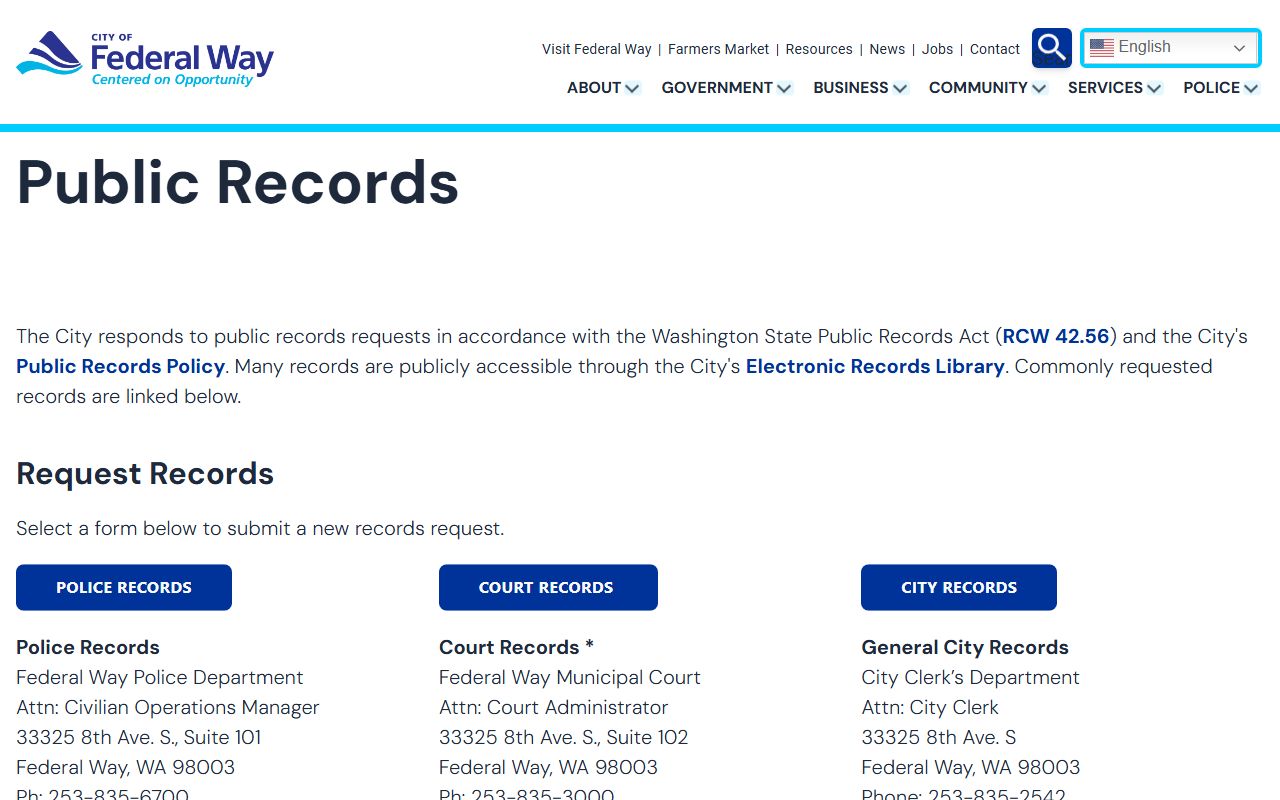 Federal Way public records page with instructions for requesting city documents and police reports