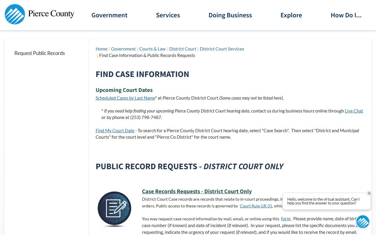 Pierce County case information page used to locate Frederickson felony case details