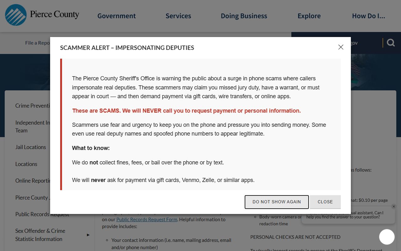 Pierce County public records request page for Frederickson sheriff and arrest records