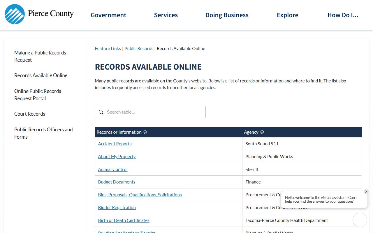 Pierce County online records page listing resources for Graham felony records