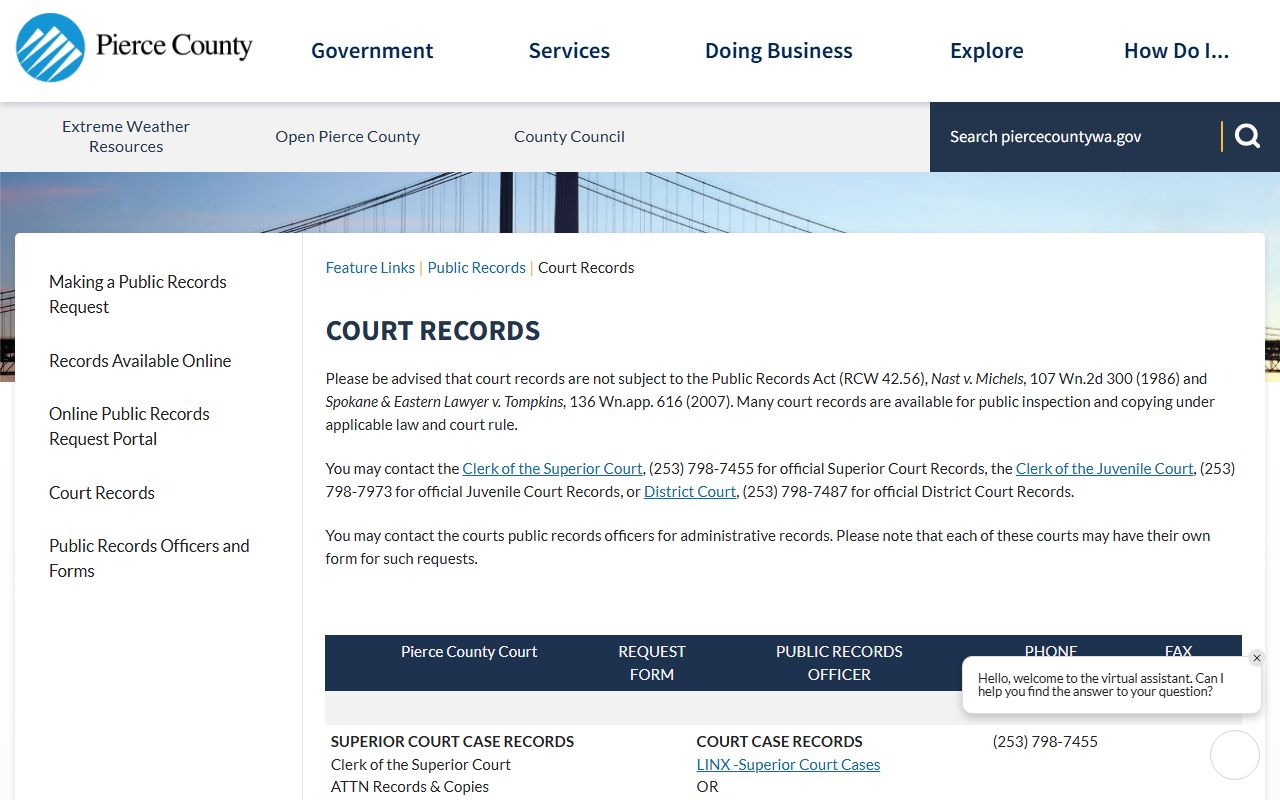 Pierce County court records page showing how to access Graham felony case information