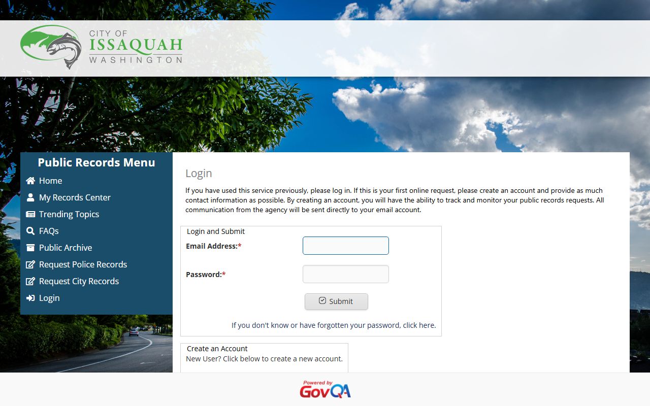 Issaquah Police Department records request page for arrest and incident reports