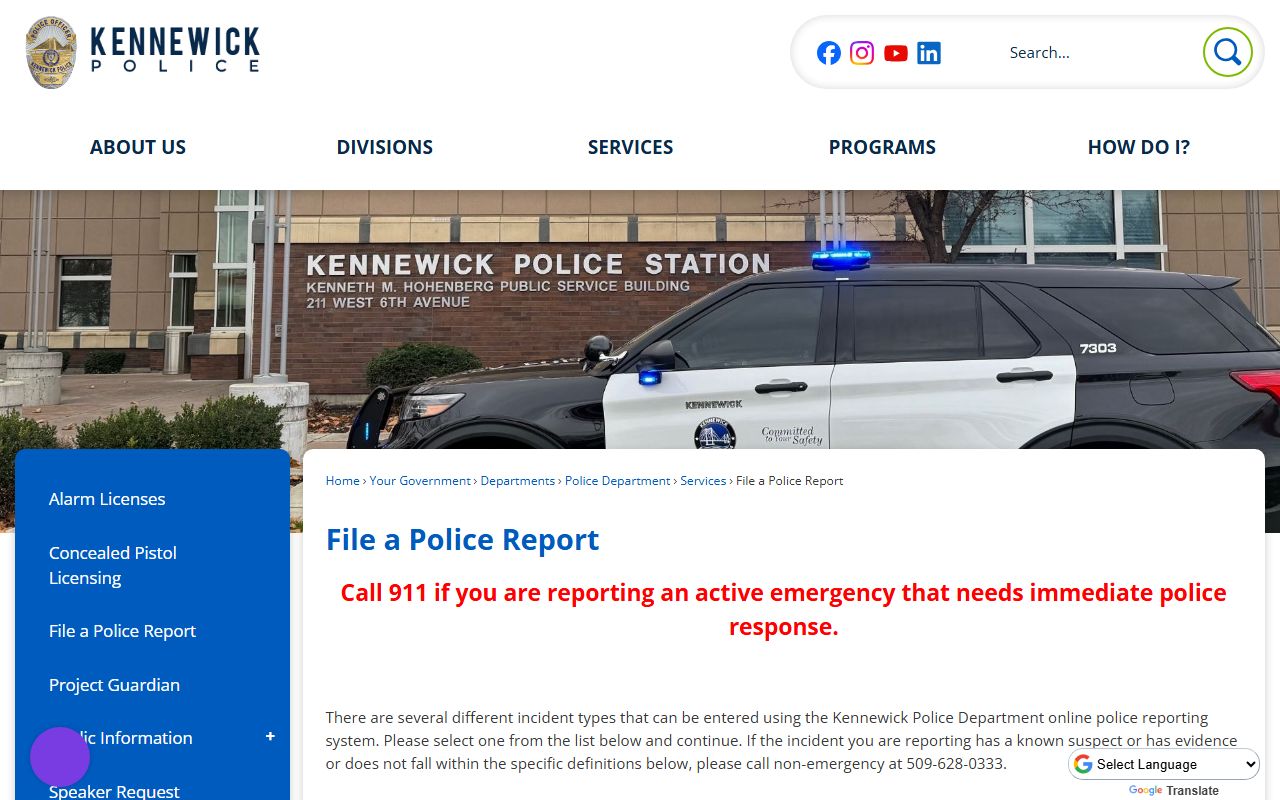 Kennewick Police Department online report page for non-emergency incident reporting