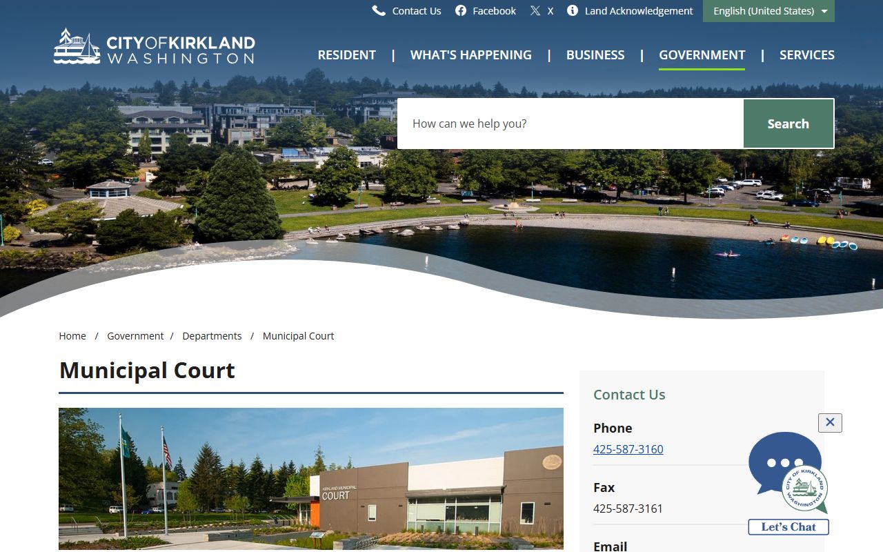 Kirkland Municipal Court page showing court location and services for misdemeanor cases