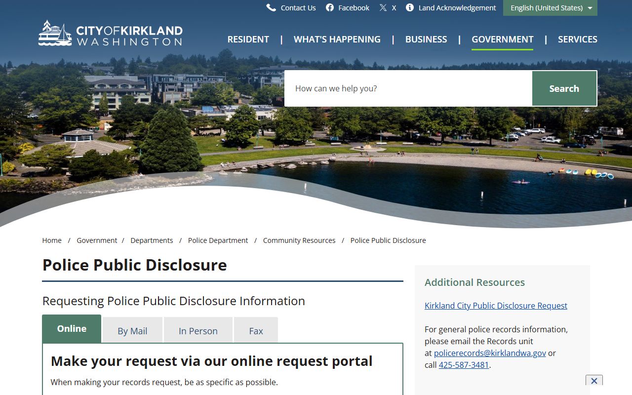 Kirkland Police Department public disclosure page for requesting arrest and incident records