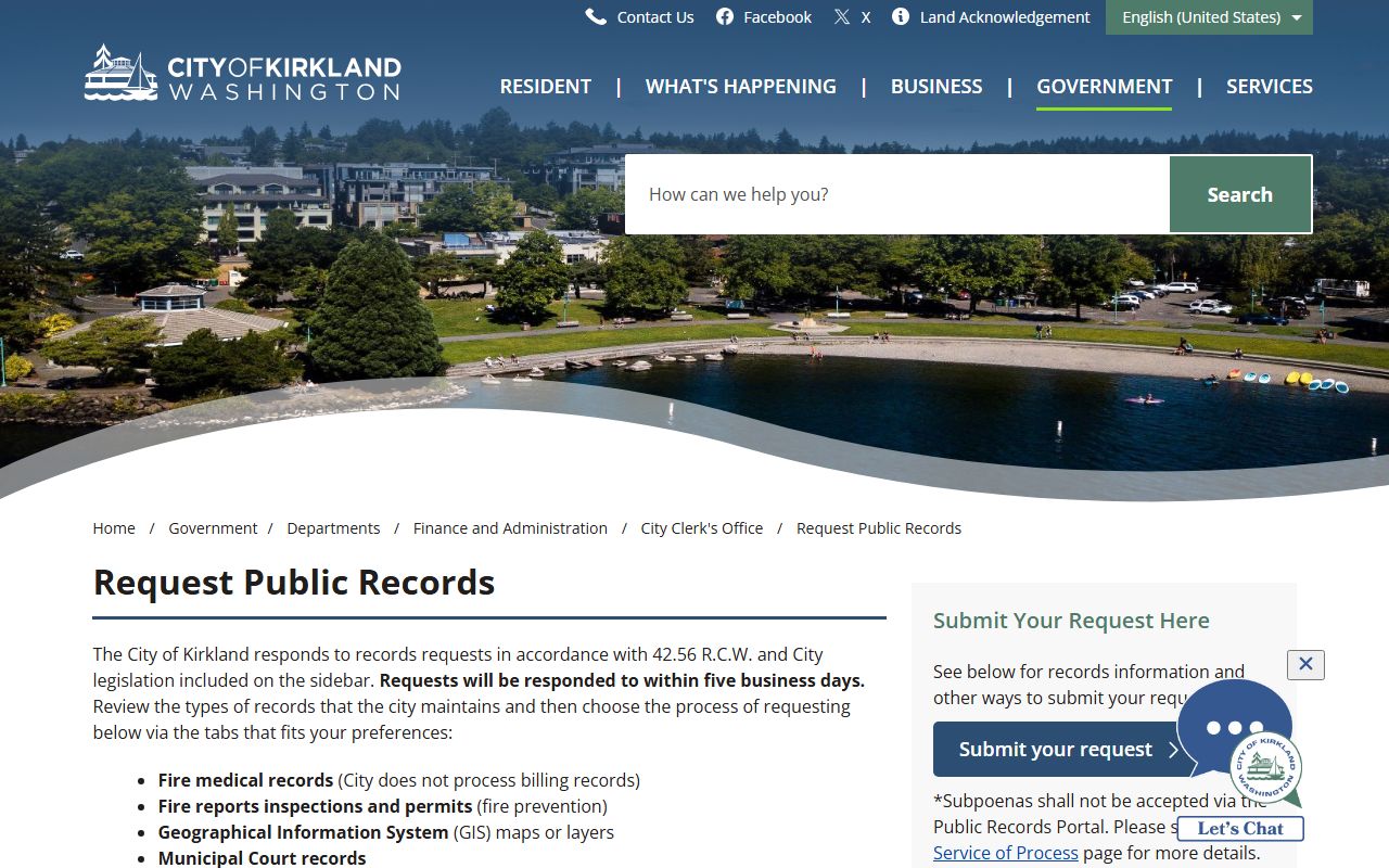 Kirkland City Clerk public records request page for city documents