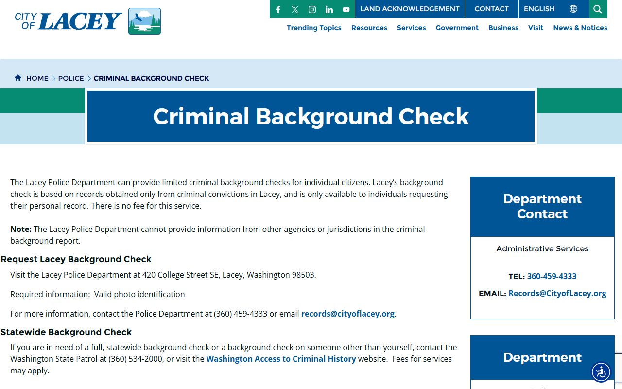 Lacey city background check information page showing criminal history resources