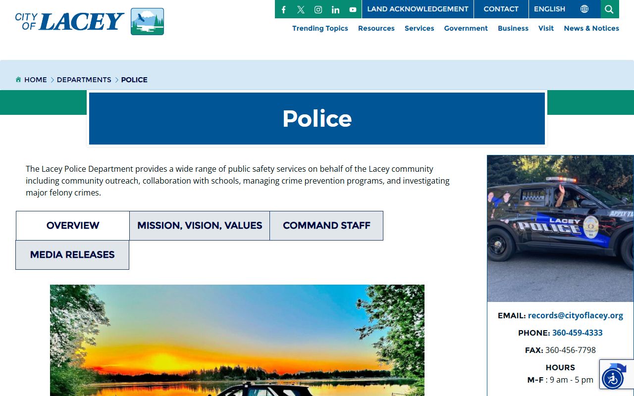 Lacey Police Department page with information about records requests and public safety services