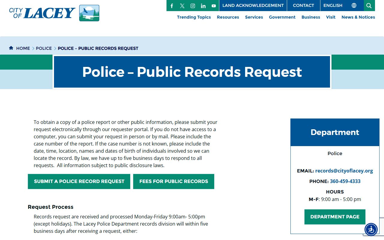 Lacey public records request page with online submission options for city documents