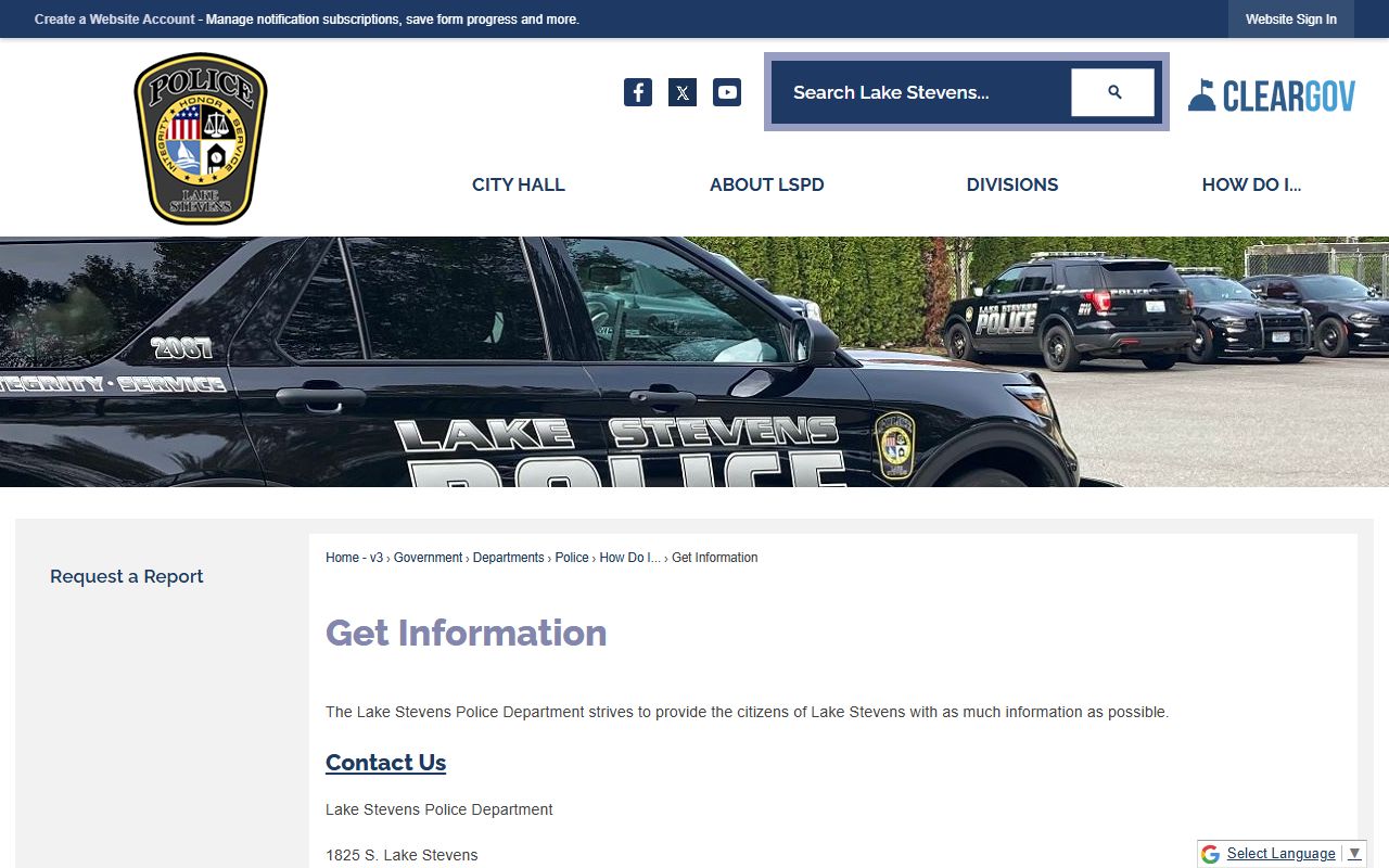 Lake Stevens Police Department information page for records and public safety services