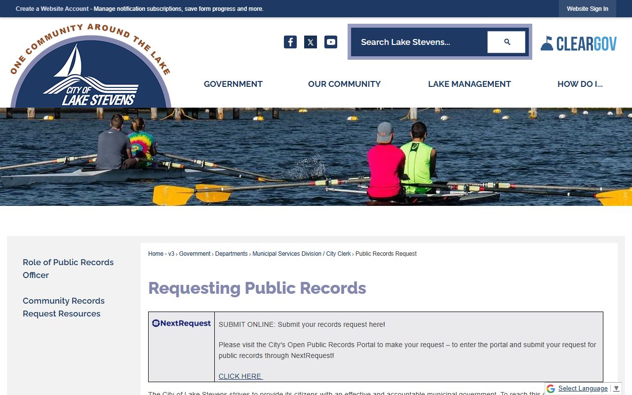 Lake Stevens public records request page for city documents and police reports