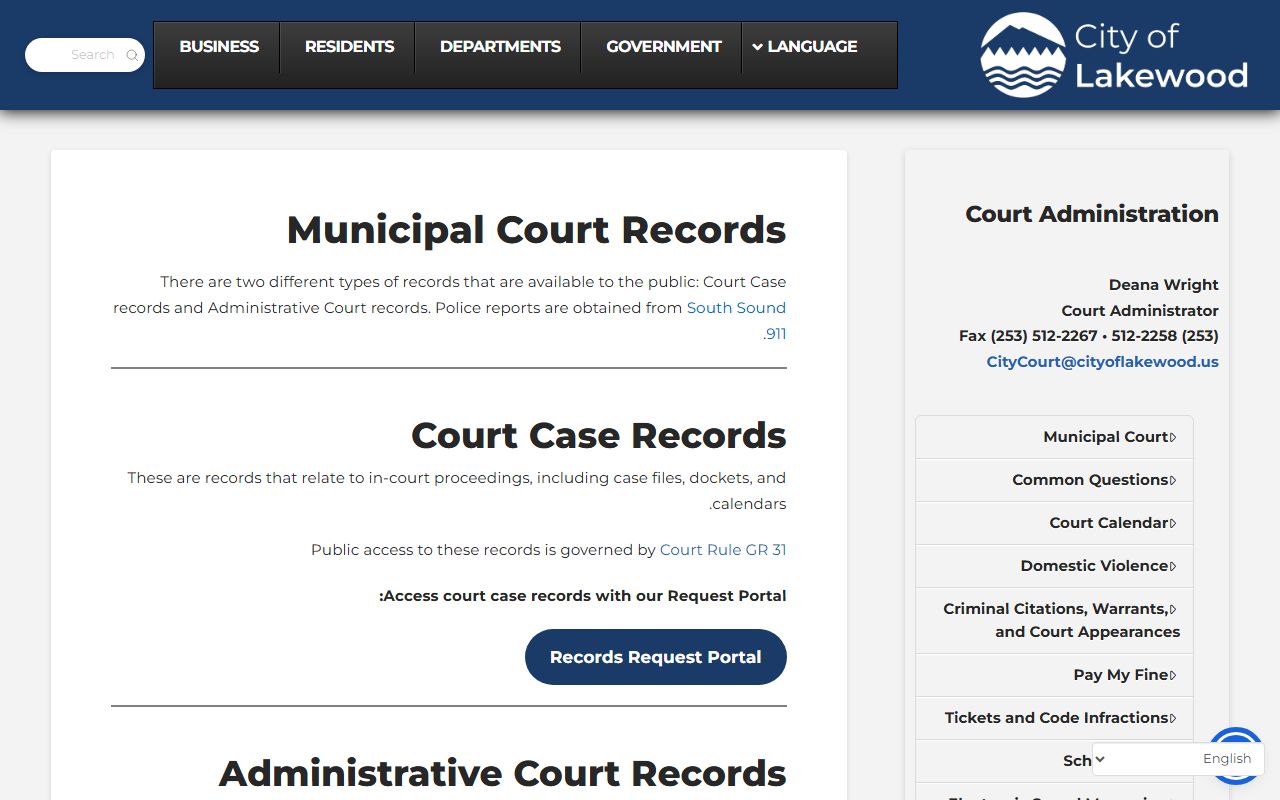 Lakewood Municipal Court records page with case access instructions and contact information