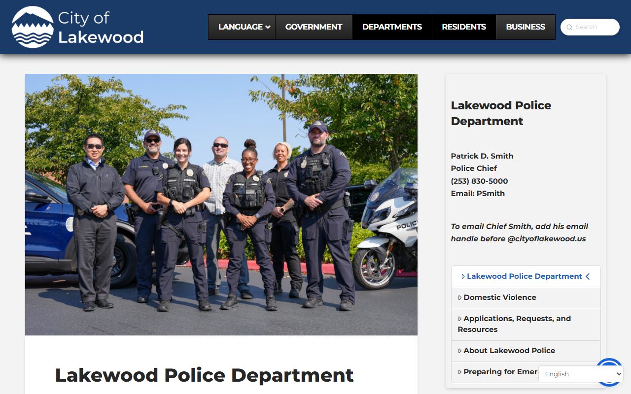 Lakewood Police Department home page with information on records access and law enforcement services