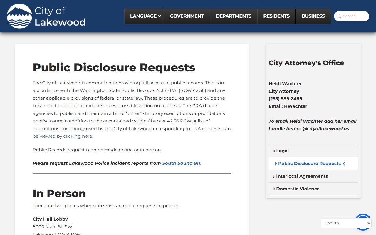 Lakewood public records disclosure request page with instructions and applicable fees
