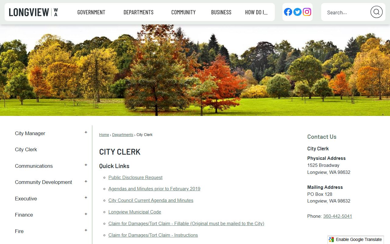 Longview City Clerk page with public records request information and city document access