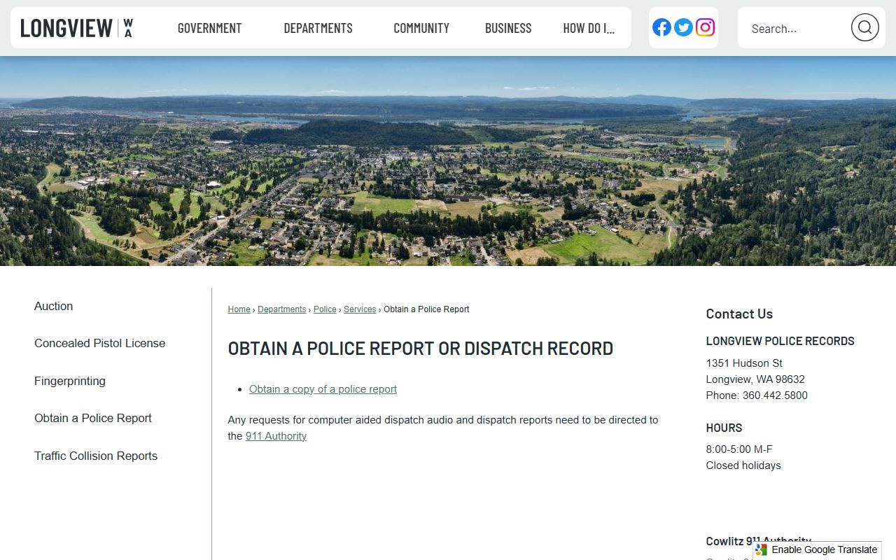Longview Police Department records page for obtaining police reports and incident records