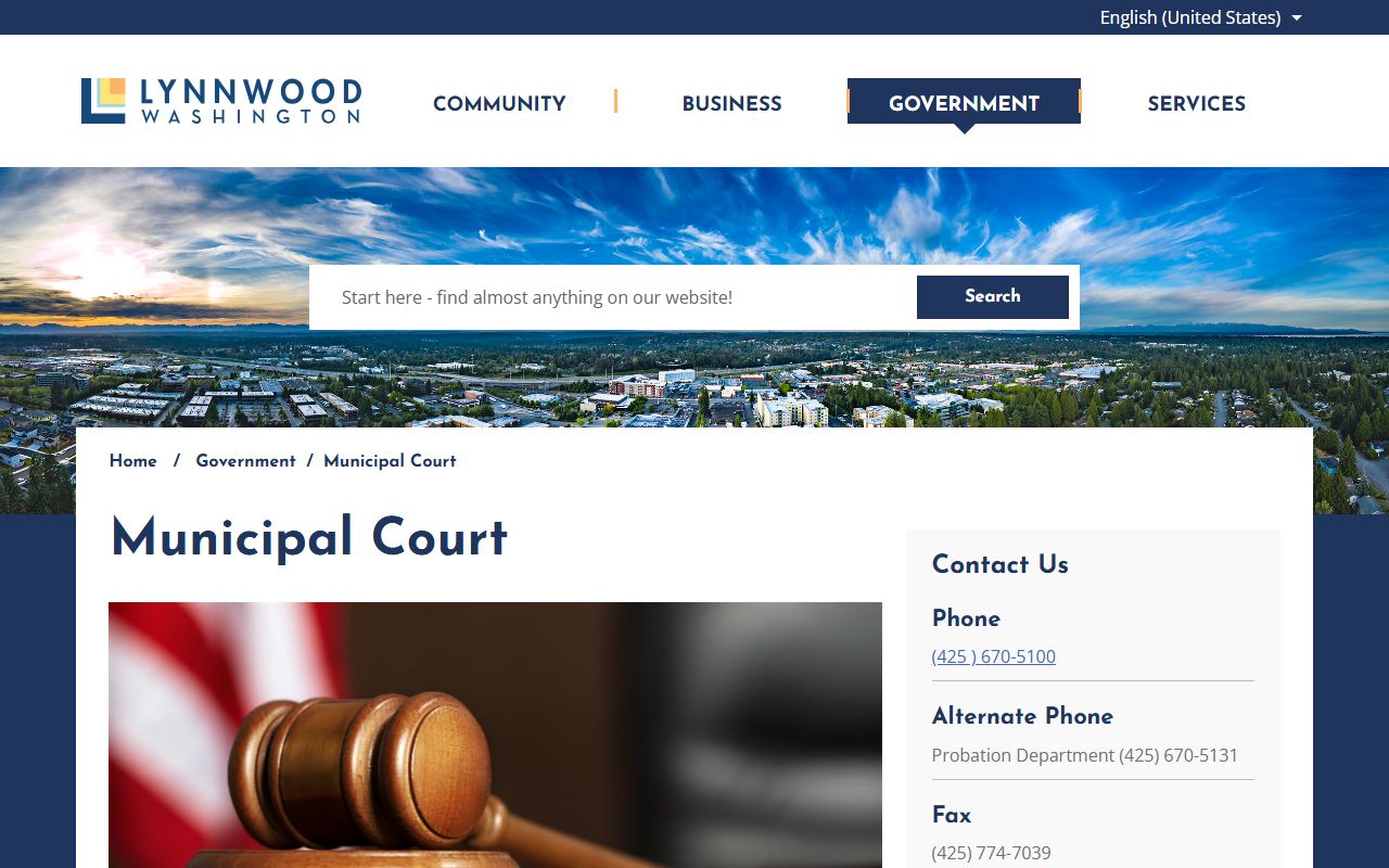 Lynnwood Municipal Court page showing court services for misdemeanor and ordinance cases