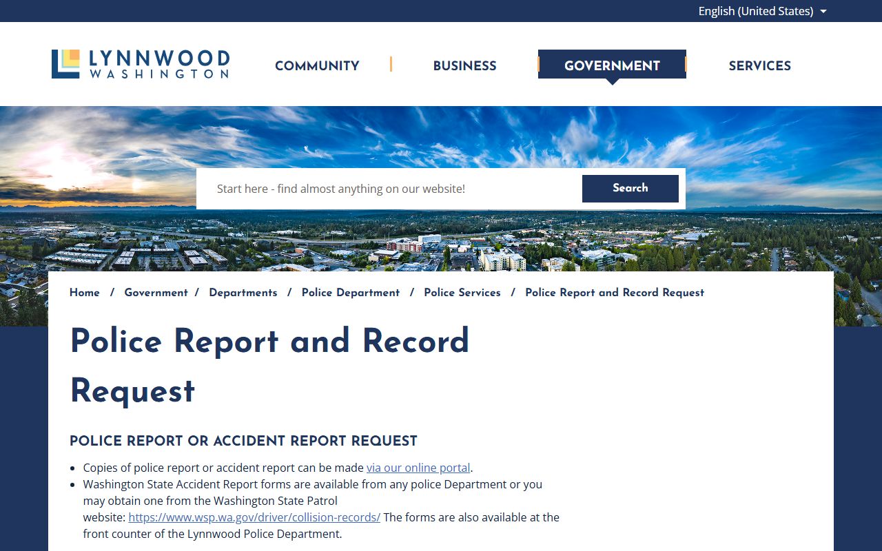 Lynnwood Police Department records request page for incident reports and arrest records