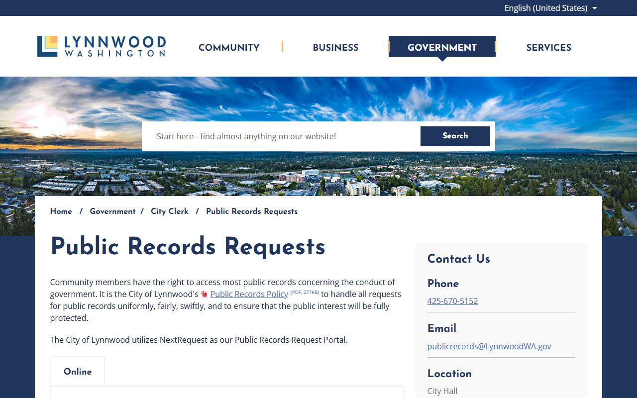 Lynnwood public records request page with submission instructions for city documents