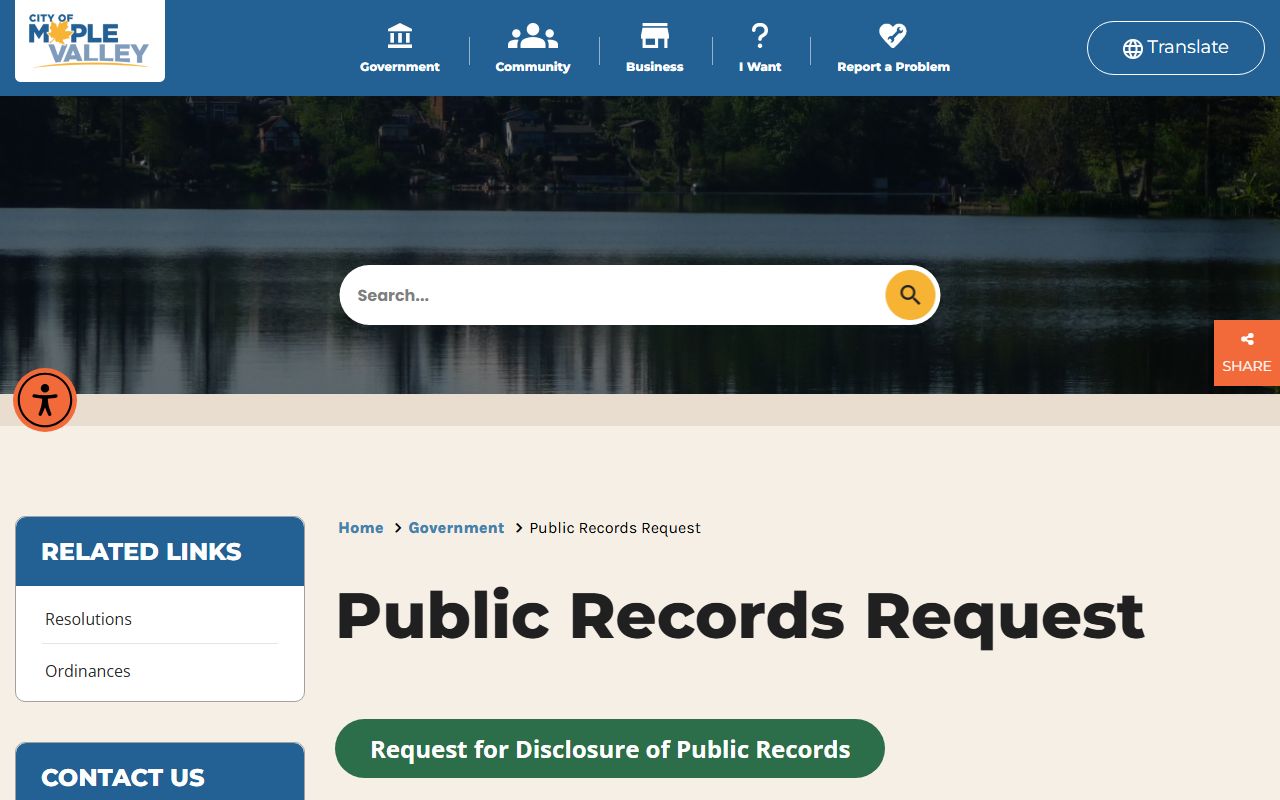 Maple Valley public records request page directing users to county agencies for police and court records