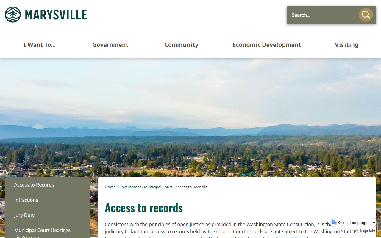 Marysville records access page explaining public records request procedures