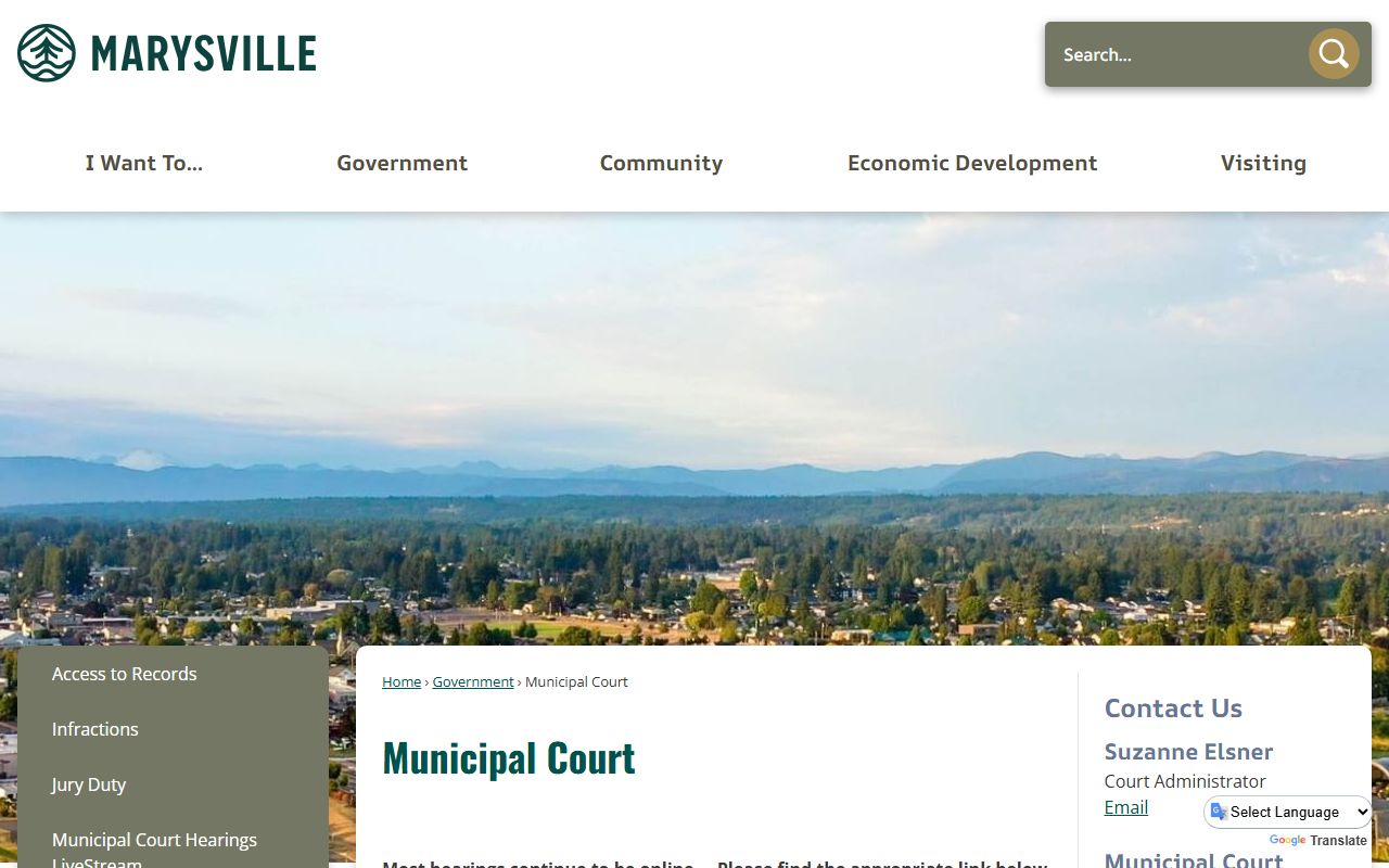 Marysville Municipal Court page showing records request information and case access