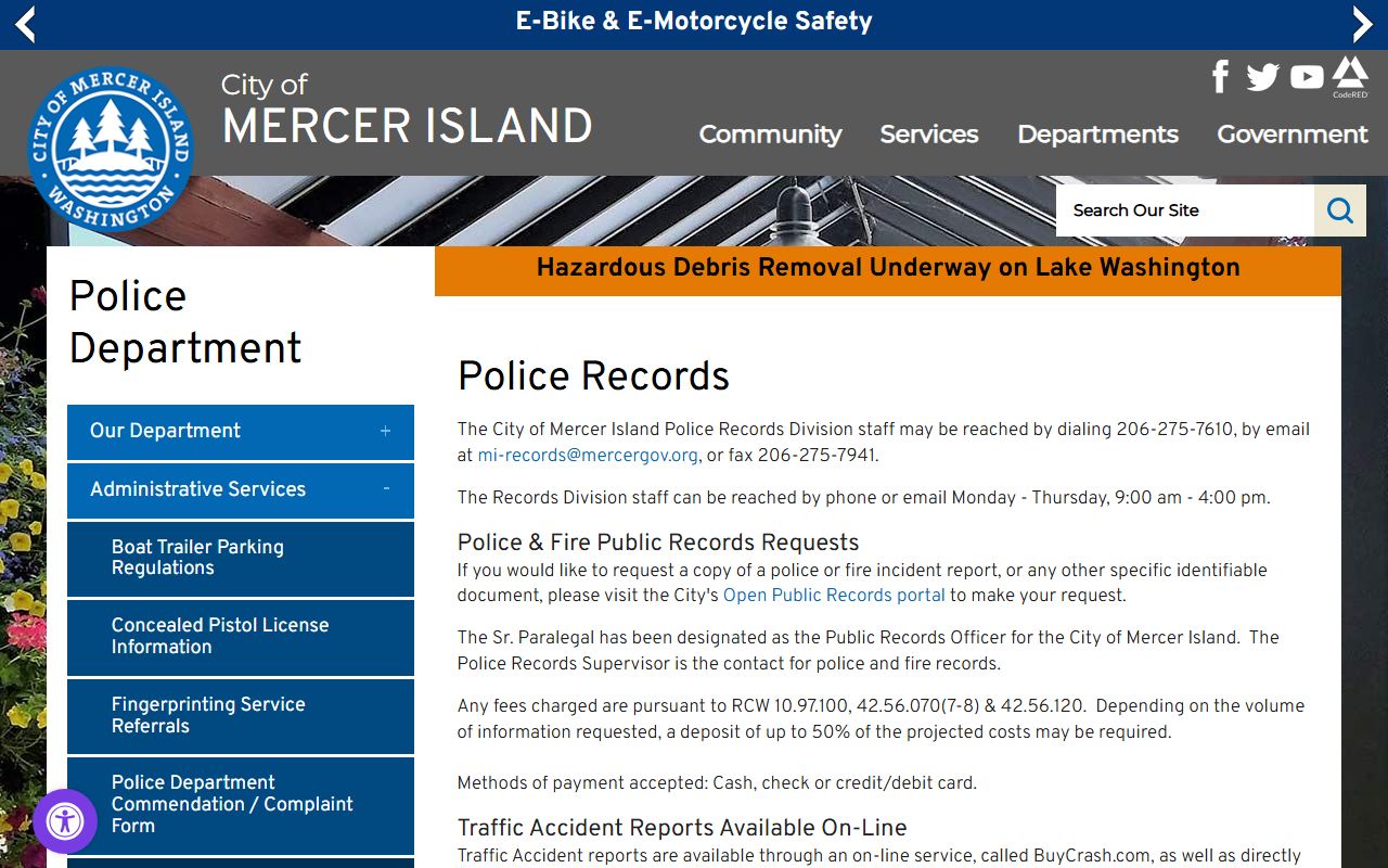 Mercer Island Police Department records page for requesting arrest records and incident reports