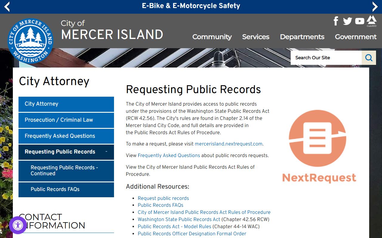 Mercer Island public records request page through the City Attorney's office