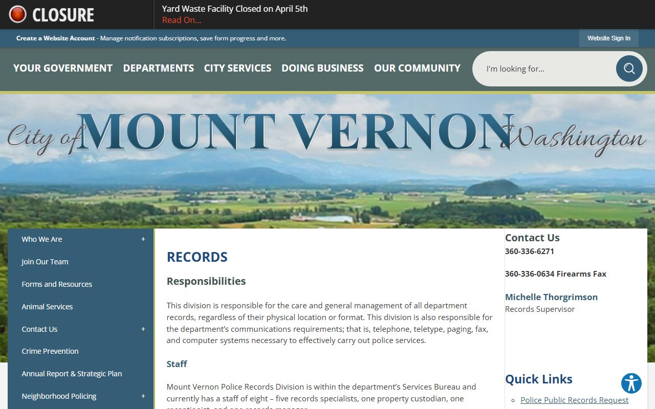 Mount Vernon Police Records page showing how to request incident reports from city police