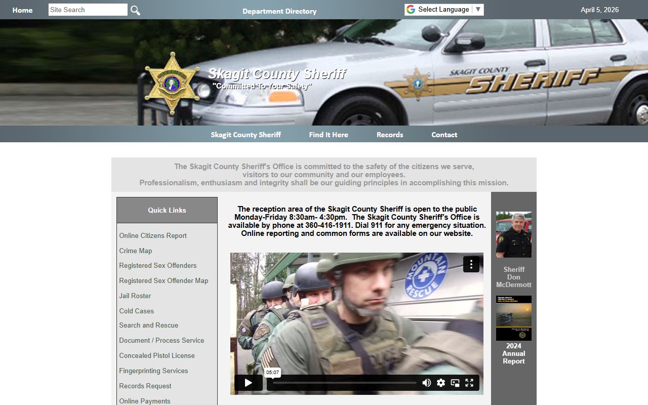 Skagit County Sheriff page with records access information and public safety resources