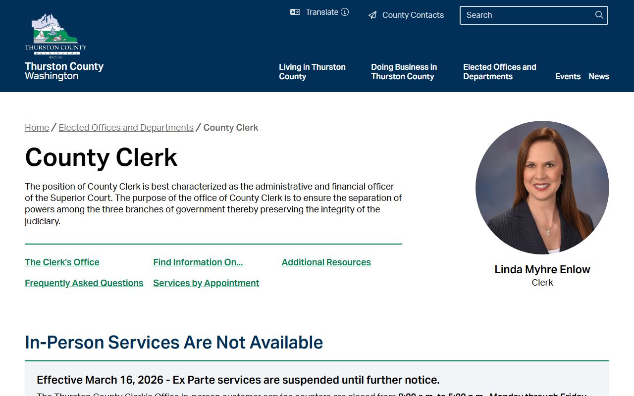 Thurston County Clerk page with Superior Court records access information and fee schedule
