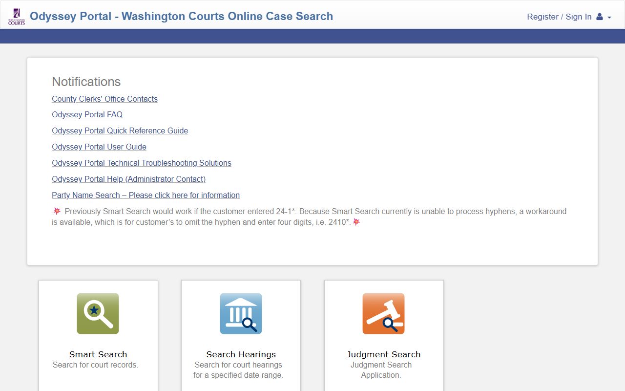 Odyssey Portal case search for Orchards and Clark County felony records