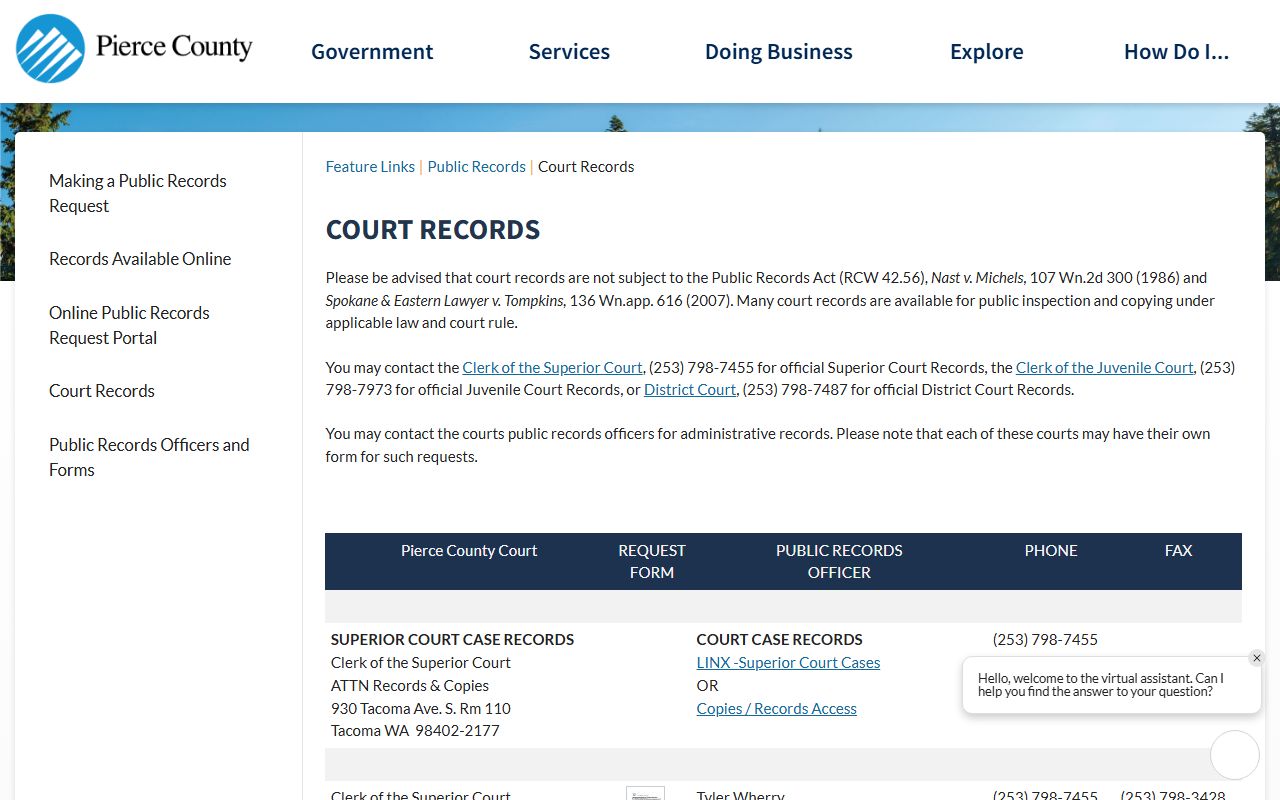 Pierce County Court Records page providing access guidance for South Hill felony case records
