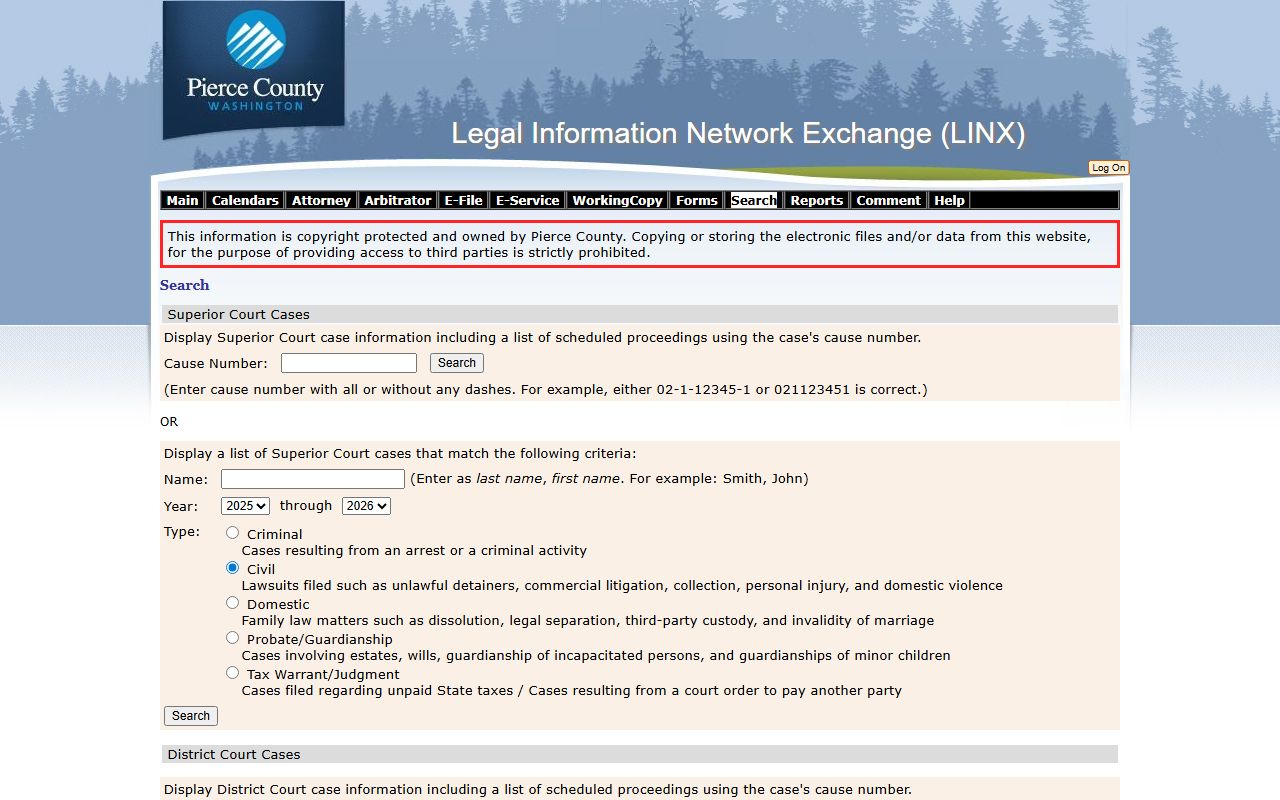 Pierce County LINX case search portal for Puyallup felony records